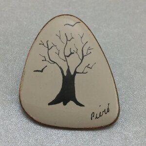 Vintage Enamel on Copper Signed Brooch Tree with Bare Branches Grey